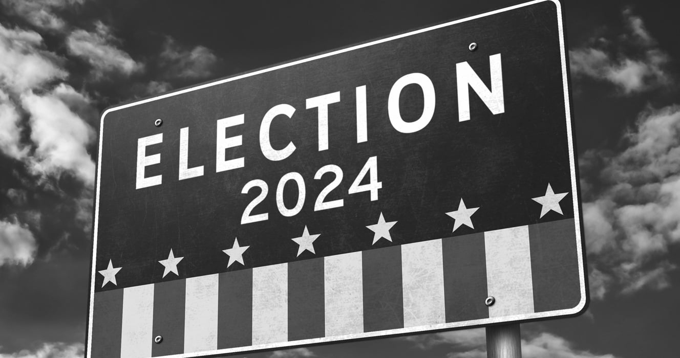 Black and white image of a road sign that reads 'ELECTION 2024'